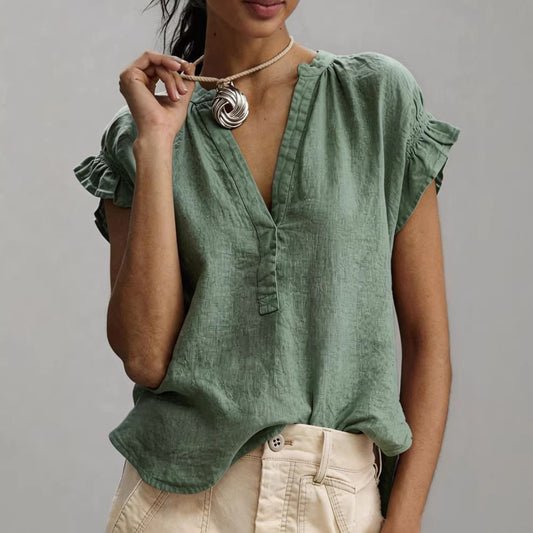 ElanWear Women's V-Neck Cotton Linen Top