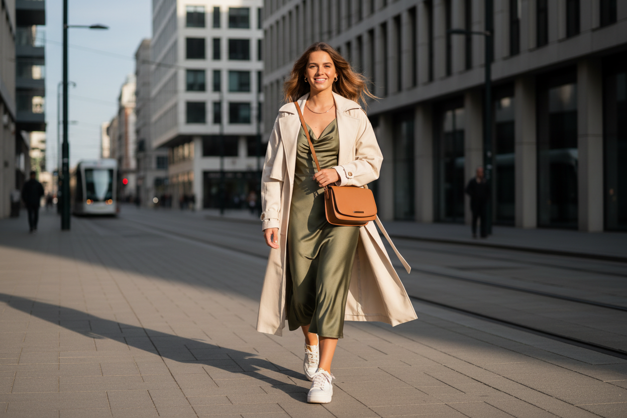 Woman walking on a city street wearing a long coat and dress.