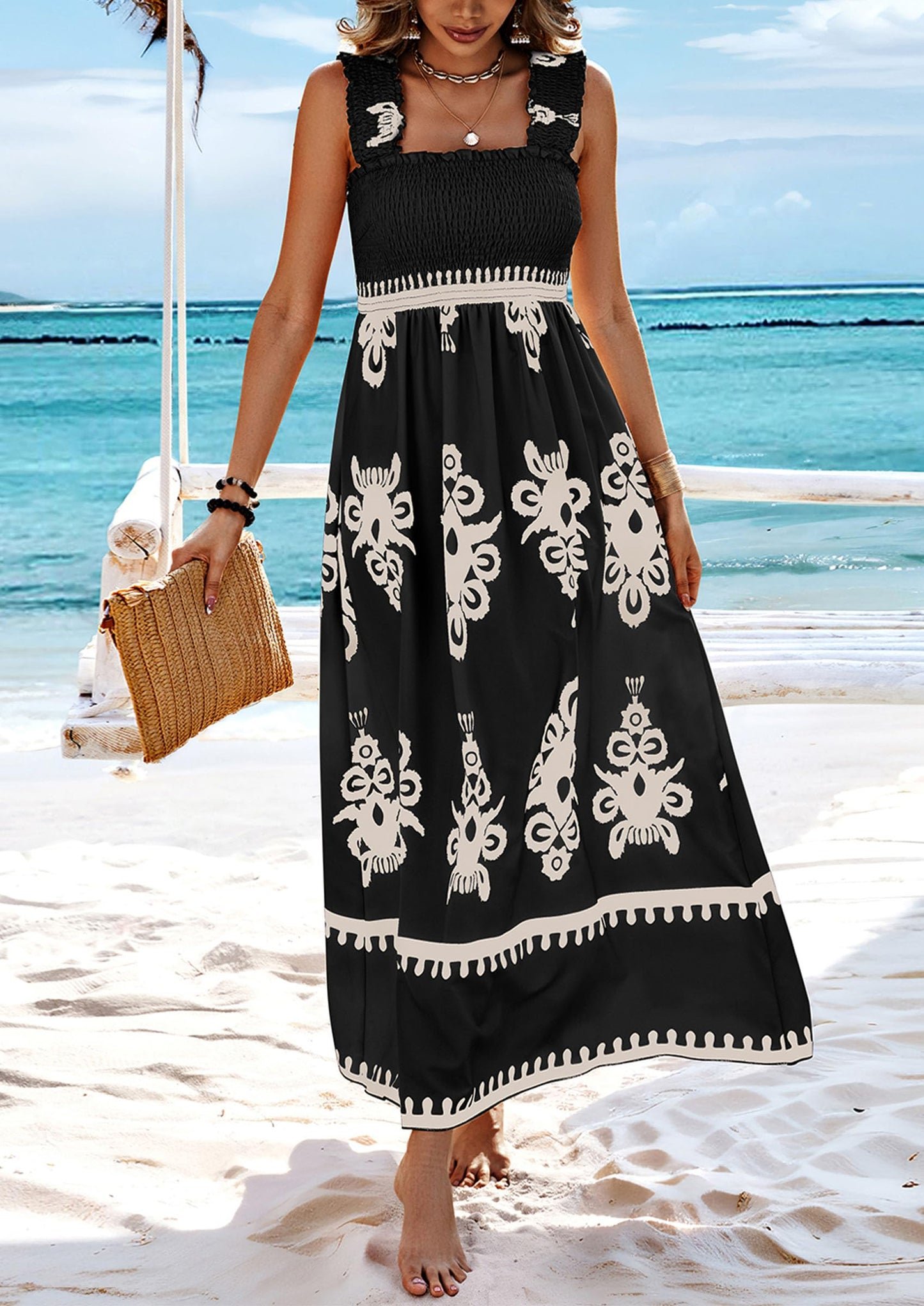 ElanWear Women’s Boho Floral Square Neck Maxi Dress